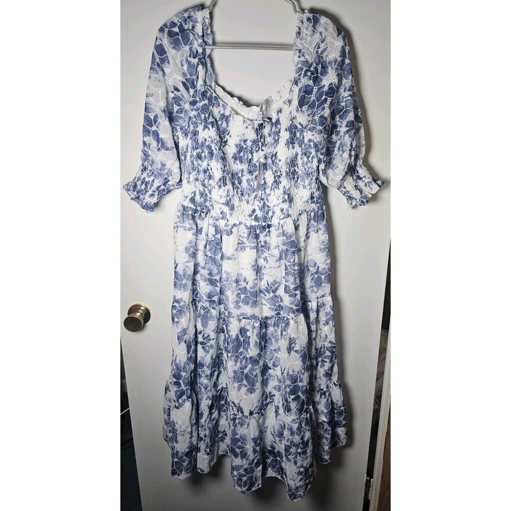 Baltic Born Blue White Hazel Eyelet Floral Smocked Midi Dress NWT Plus Size 1XL